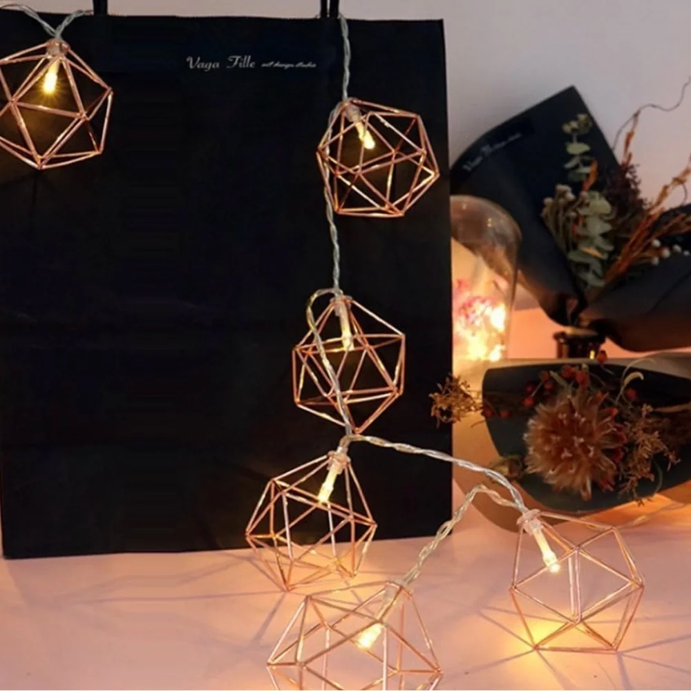 Metal String Lights, 10ft 20LED Rose Gold Metal Geometric Lights Battery Powered